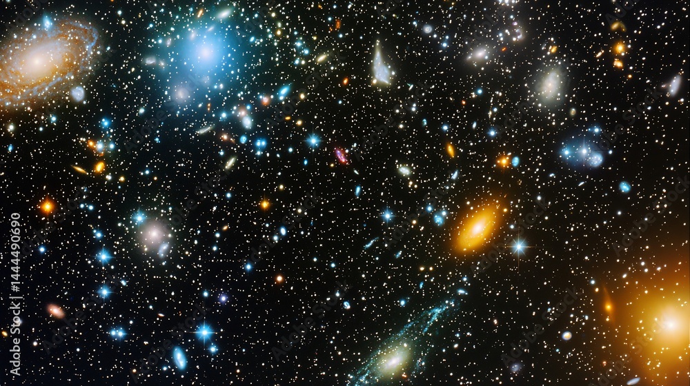 Poster stunning cluster of galaxies forming an exquisite cosmic display with diffused glow in a handheld pe