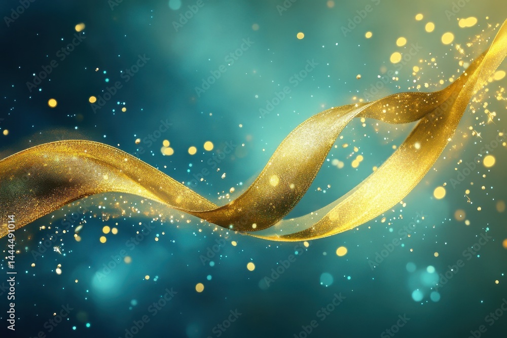 Aufkleber golden ribbon gracefully floats amidst sparkling particles in an enchanting display, ethereal golden