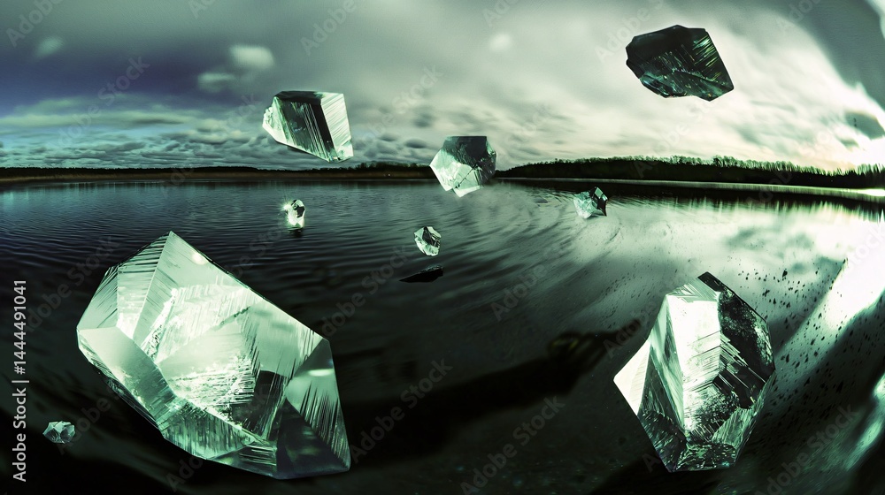 Poster atmospheric lake scene featuring ice crystals gently floating on the surface with moody shadows enha