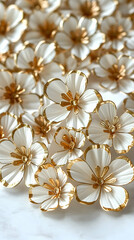 A cluster of white flowers with golden accents creates an elegant floral background on a white surface