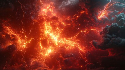 Obraz premium Enigmatic display of fire and lightning in the cosmic expanse highlighting a red giant explosion with cinematic lighting effects