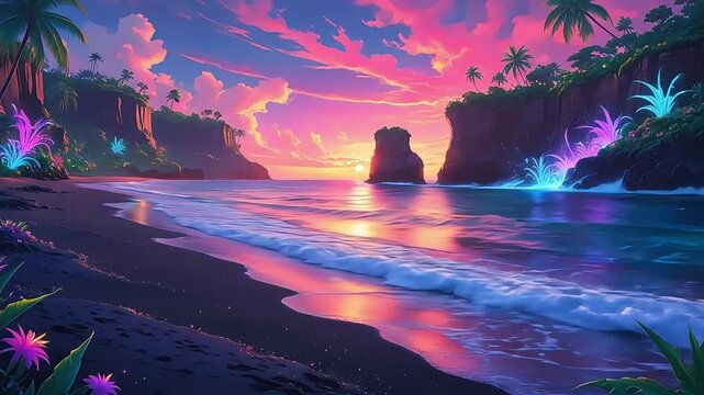 Honokalani Beach imagined as a sunset dreamscape with glowing sky and glittering black sand