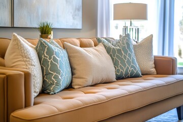 Cozy living room features stylish brown couch with pastel cushions and warm natural light streaming in, Brown couch, pastel neutral decorative cushions, cozy stylish living room