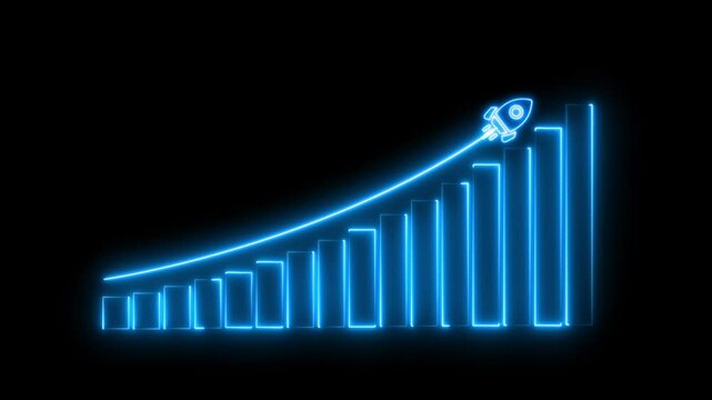 Abstract neon line Arrow rising on graph with rocket Sale Symbols. Abstract business growth and start up business concept. Abstract Business growth Success business graph