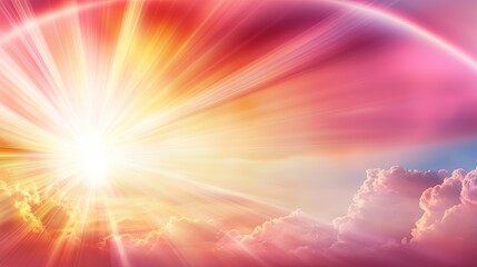 Naklejka premium Radiant Heavenly Light Pink Orange Yellow Sunset Sky with Bright Rays and Clouds