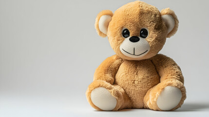 Obraz premium A plush teddy bear sits upright with black eyes and a stitched smile on a plain white background