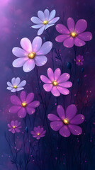 Obraz premium A dreamy purple-hued garden of flowers with glowing centers against a soft painterly background
