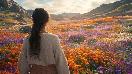Woman standing in a vibrant wildflower field, gazing at the expansive landscape.  A serene moment of nature's beauty