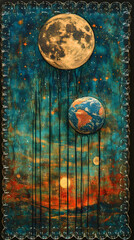 Cosmic artwork featuring the moon earth and sun set against a starry sky within a unique bubble frame
