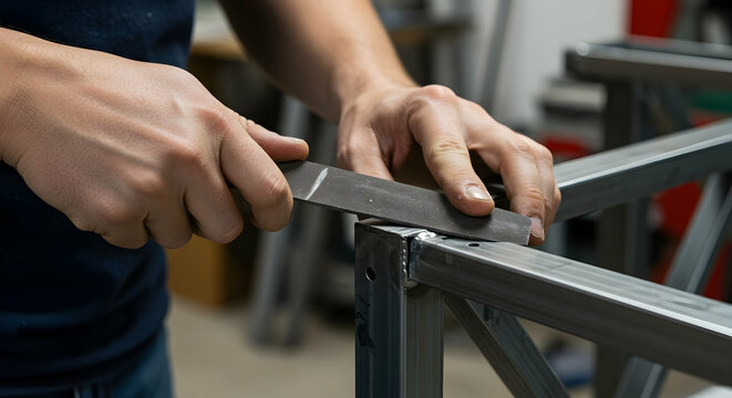 Skilled metal worker filing steel frame precise craftsmanship industrial fabrication workshop tools hands detail 110 chars