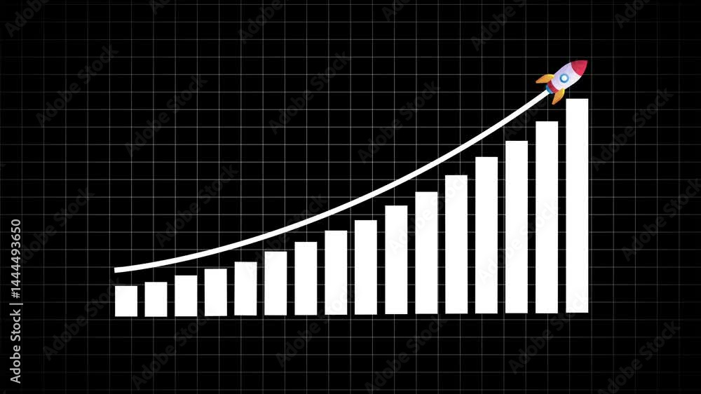 Poster arrow rising on graph with rocket sale symbols. abstract business growth and graph chart icon animat