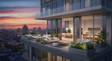 Luxury Penthouse Balcony With Cityscape At Twilight