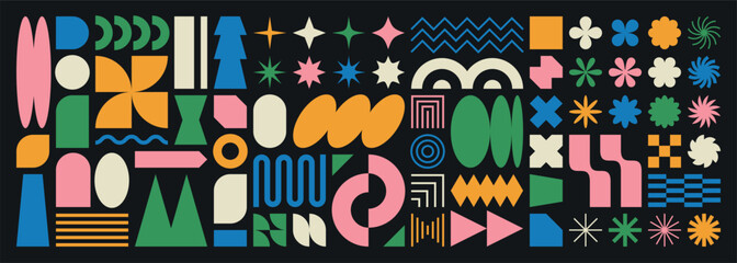 Abstract shape element icon set. Vector brutalist sticker collection. Modern y2k geometry grid forms for background design