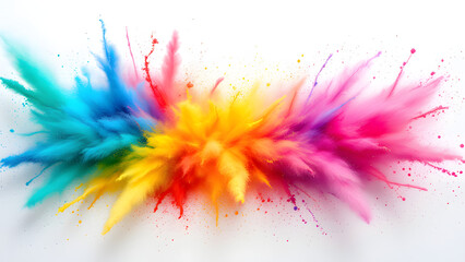 Vibrant explosion of colorful powder against a clean white background