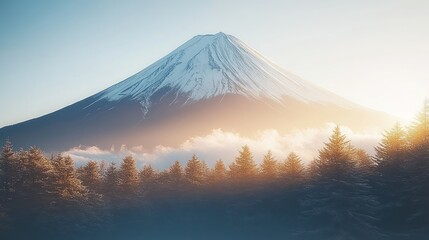 Fototapeta premium Majestic mountain peak, sunrise over snowy volcano, serene forest