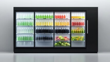 Modern Refrigerated Display Case Filled with Colorful Drinks and Fresh Produce