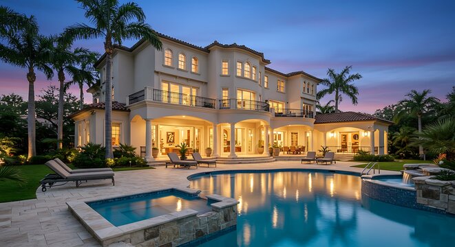 Soft lights illuminate a luxurious estate home with a pool, spa, and balconies overlooking the tranquil water at dusk in a tropical setting.