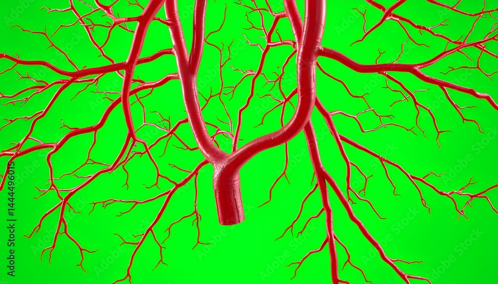 Poster branching red arterial system 3d rendering isolated on green screen background for medical education