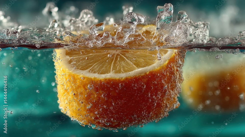 Poster Lemon slice splashing into water creating refreshing and vibrant liquid texture