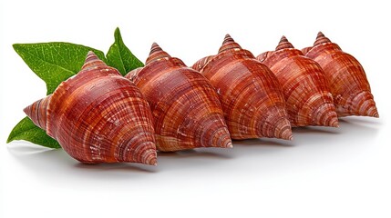 Close up of Five Brown Spire Sea Snails with Green Leaves on White Background