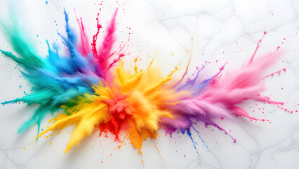 Colorful powder explosion on white marble background creates vibrant art