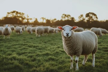Fototapeta premium Flock of sheep grazing peacefully in a lush green field during sunset, A flock of sheep grazing on a green field under the clear sky