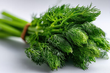 Fresh Dill Bouquet: Close-up shot of a vibrant bundle of fresh dill, perfectly captured to showcase its feathery leaves and bright green color, tied together with a simple twine.
