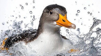 Speckled Duck Swimming with Yellow Beak in Splashing Water Against a White Background