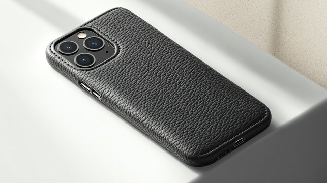 Stylish black leather smartphone case on a white surface.