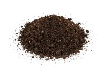 A mound of dark brown potting soil with visible organic matter on a bright white background plain studio shot