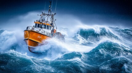 Naklejka premium A courageous fishing boat battles towering waves amidst a stormy sea. The vibrant colors evoke a sense of adventure and struggle. Dramatic moments captured. Generative AI