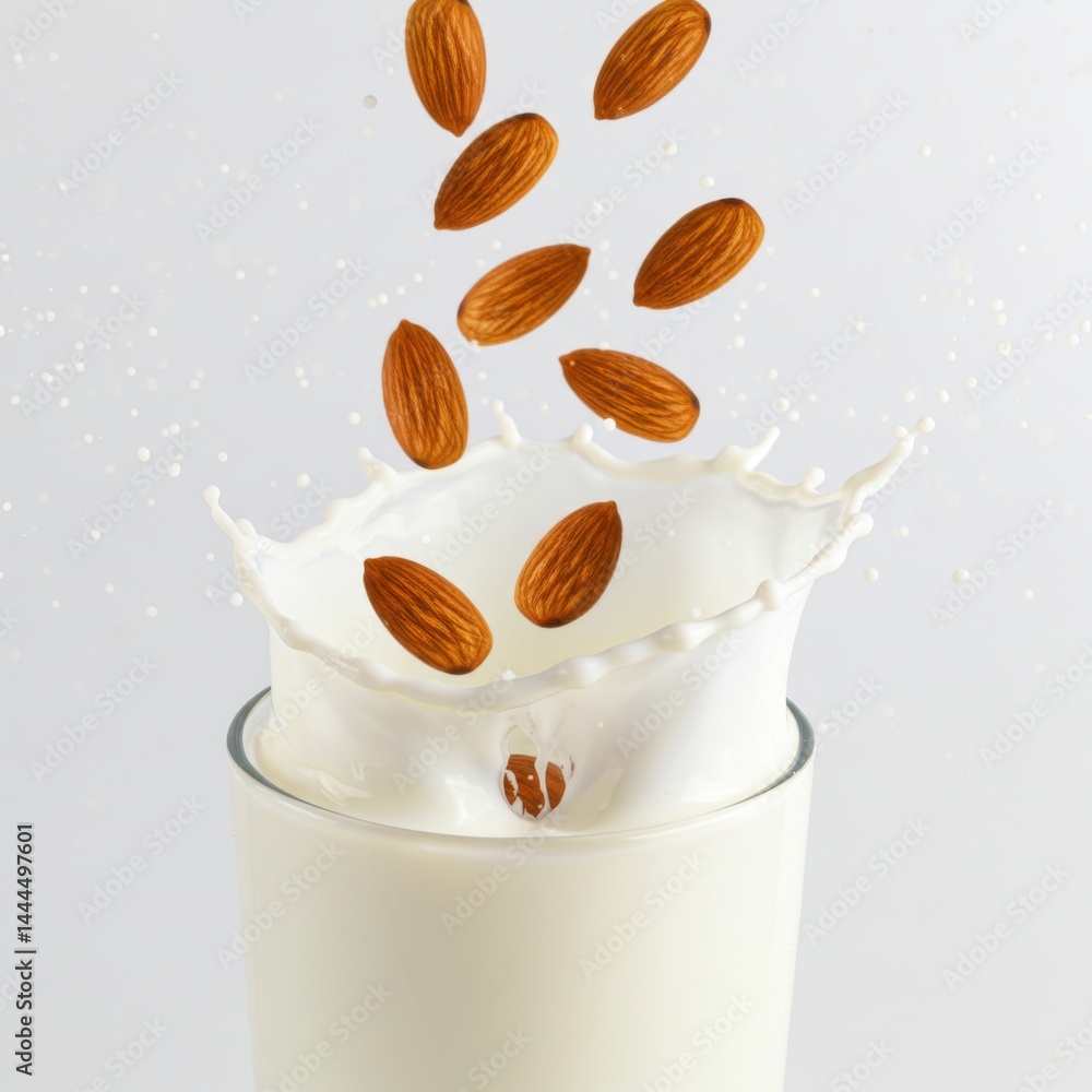Poster almonds falling into a glass of milk creating a splash against a white background in a studio shot