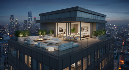 Modern Penthouse Terrace with City View at Dusk in New York City