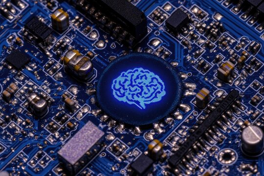 Circuit board with glowing brain graphic, highlighting AI and technology