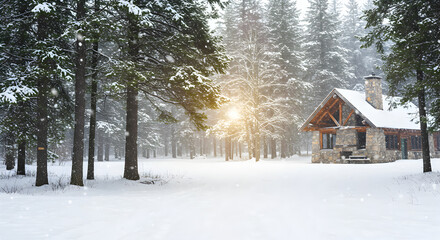 Winter Cabin In Snow-Covered Forest Landscape With Warm Sunlight