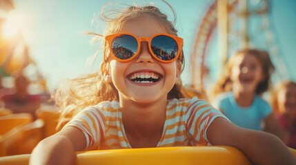A fun summer day at a theme park, with kids laughing, riding roller coasters, and enjoying snacks under the sun