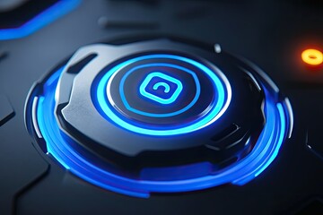 Close-up of a futuristic button with a question mark icon, glowing with vibrant blue light, surrounded by intricate, metallic rings and a dark background