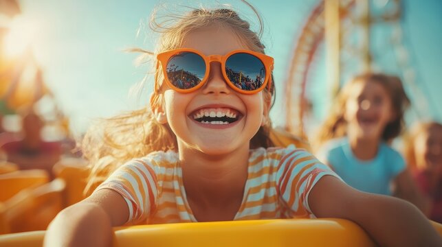 A fun summer day at a theme park, with kids laughing, riding roller coasters, and enjoying snacks under the sun
