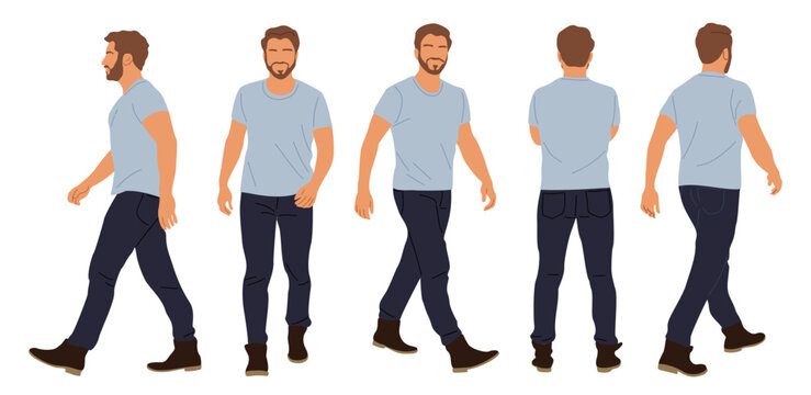 Casual man character walking in different poses front, rear, side view. Handsome bearded guy in blue t-shirt, jeans, boots. Set of vector realistic illustrations on transparent background.