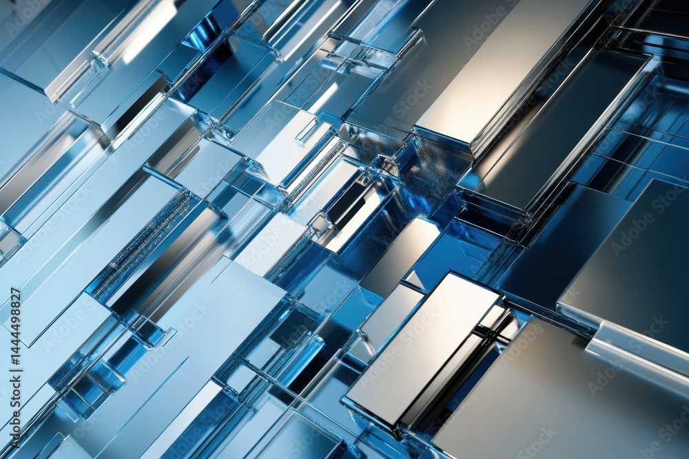 Poster dynamic blue and silver geometric pattern showcasing abstract digital design in a modern aesthetic, 