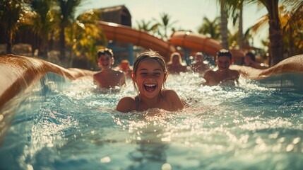 A fun summer day at a water park, with kids sliding down water slides and laughing, while others float in the lazy river