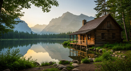 Fototapeta premium Secluded Log Cabin Reflecting in Tranquil Lake Waters At Sunrise