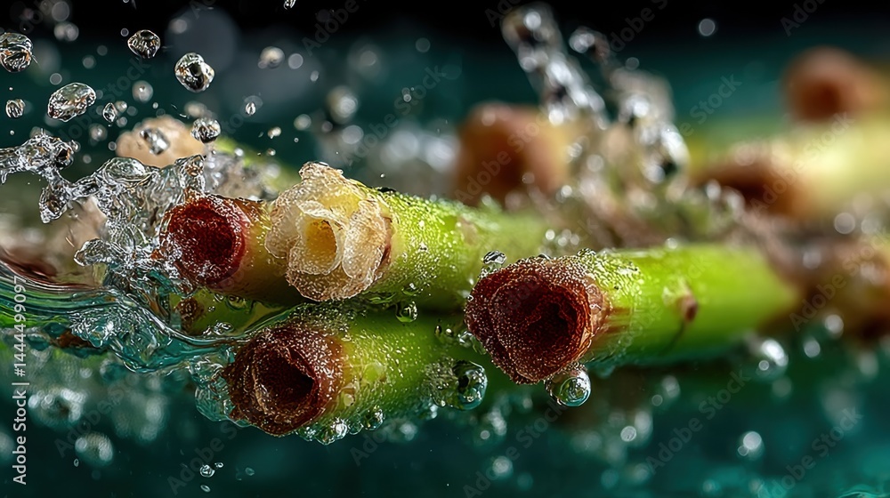 Poster macro shot of plant stems submerged in water with bubbles and reflections