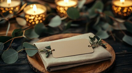 Elegant table setting with candles, eucalyptus, and place card