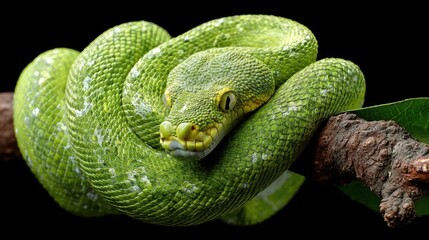 Fototapeta premium Emerald Tree Boa: Coiled Beauty in Green