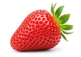 Close up of a ripe strawberry with green leaves isolated on a white background in bright light