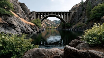 Majestic concrete arch bridge spanning serene river valley.