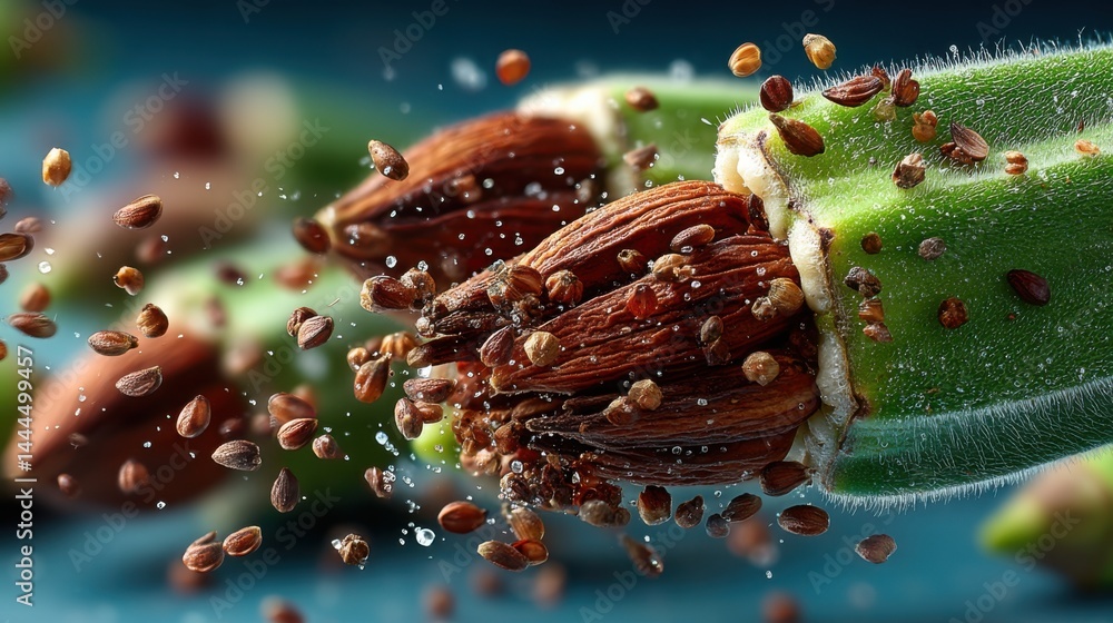 Poster macro shot of ripe almonds bursting from the green pod with seeds scattering