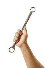 Hand gripping a wrench with a focused grip and intent for a repair task