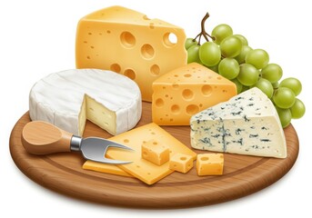 Cheese platter with grapes isolated on white background